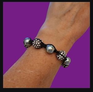 GLASS Pearl Icy Blue Disco Ball Beaded Macrame Slide Shamballa Bracelet